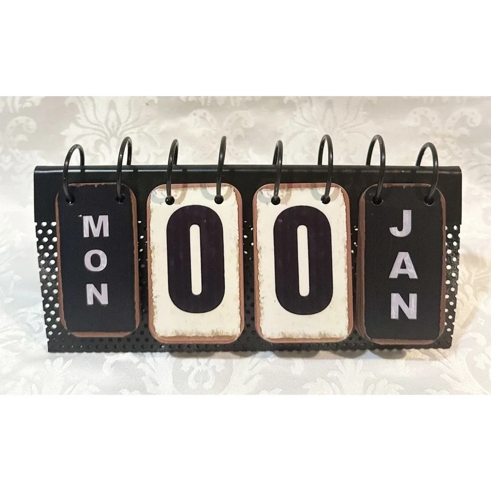 Perpetual Office Desk Flip Calendar Complete Black Metal Months Home Decor Retro